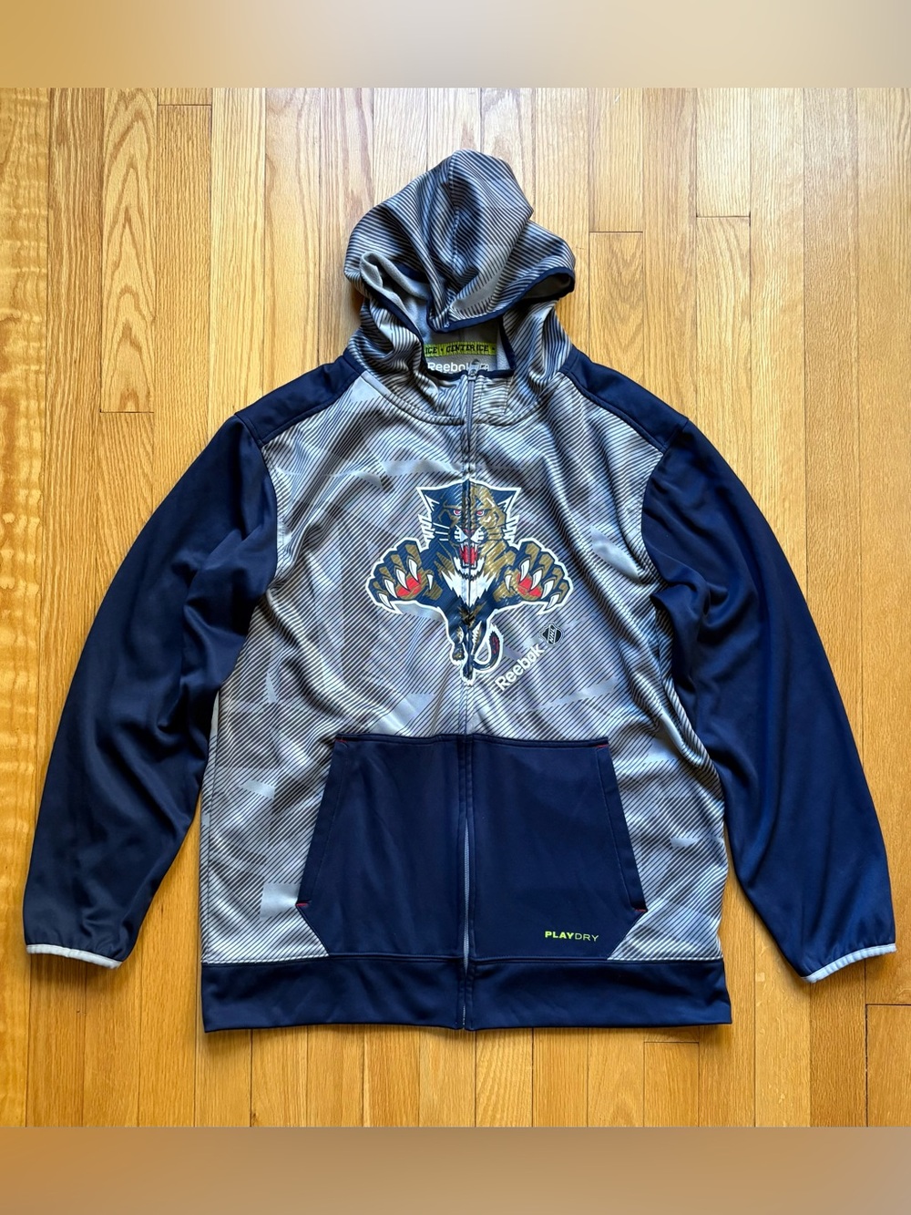 Florida Panthers Reebok Men’s Full Zip Hoodie Pullover Play Dry Medium Gray Blue